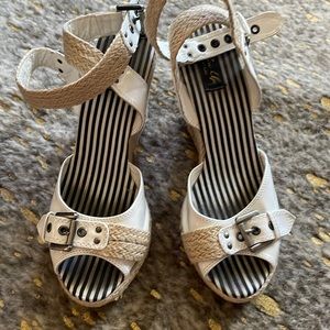 White Pinup Couture sandal wedges with ankle straps